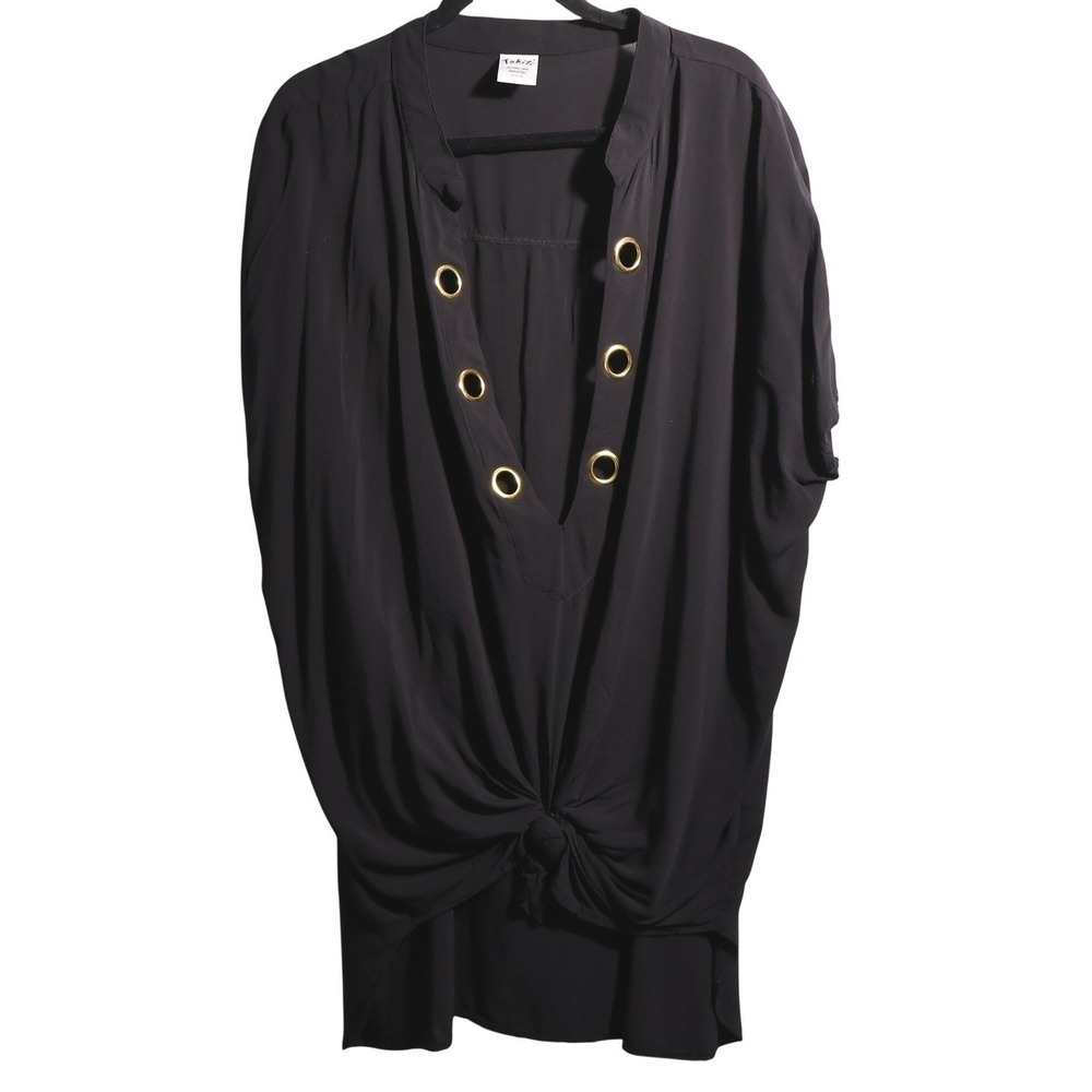 Tahiti Womens 1X Black‎ Grommet V-Neck Knot Front Dolman Tunic Top Coverup Beach